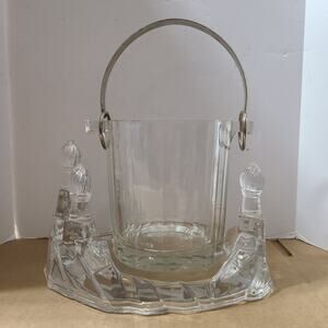Vintage Italian Crystal Glass Ice Bucket with Silver Handle +Decorative Base Set